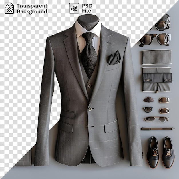 Premium of luxury mens formal wear set featuring a gray suit black tie and black glasses displayed on a transparent background with a black and gray pocket square