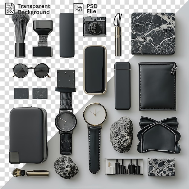 PSD premium of luxury travel accessories set featuring a black leather wallet black watch black and white clock and gray and black case displayed on a transparent background