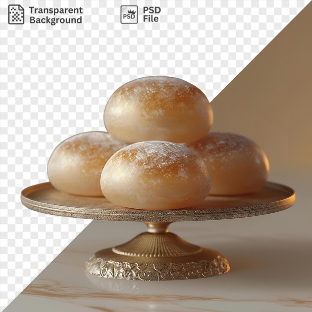 PSD premium of maamoul food photography captures a stunning display of glazed donuts on a gold plate placed on a transparent background against a white wall