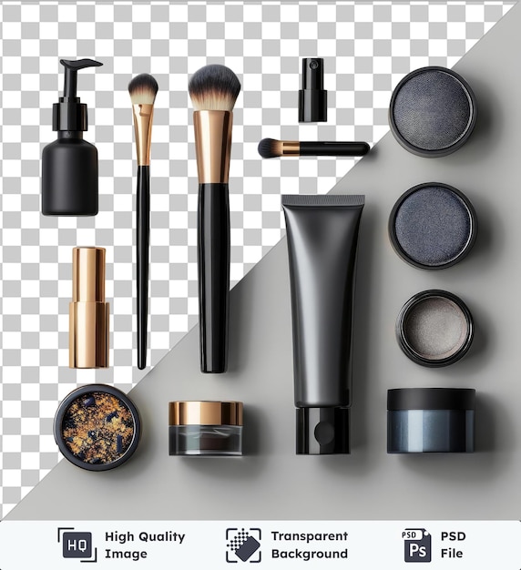 PSD premium make-up- en schoonheidsproducten op een doorzichtige achtergrond met een zwarte penseel en een kleine zwarte kom