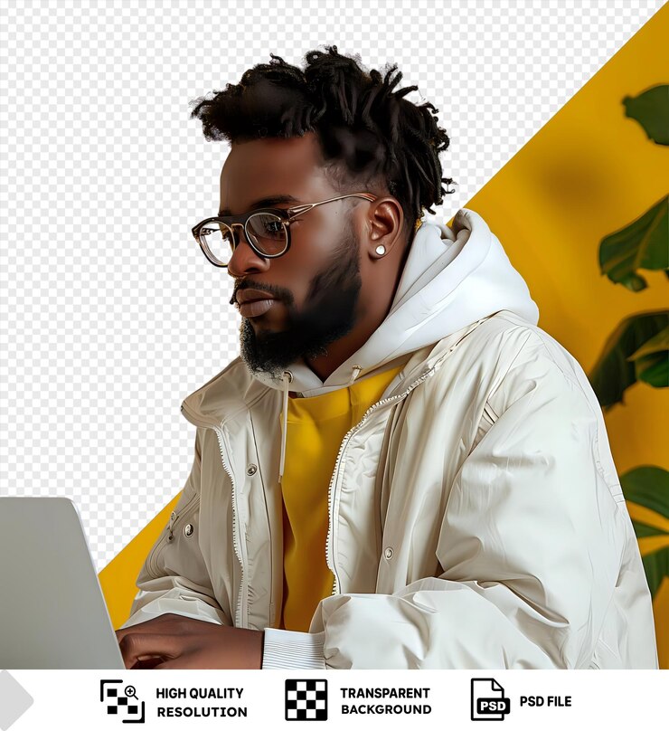 PSD premium of man working on laptop looking at colleague in front of yellow wall wearing yellow shirt black glasses and black beard with black hair and head and a hand visible in the png