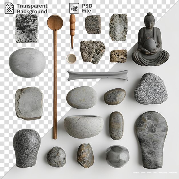 Premium of meditation and mindfulness tools set up on a transparent background featuring a gray rock as the centerpiece