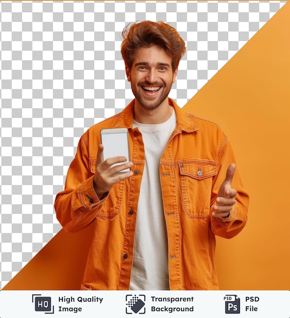 PSD premium mobile app advertisement handsome excited man showing pointing at white empty smartphone screen posing over orange studio smiling to camera check this out cellphone display