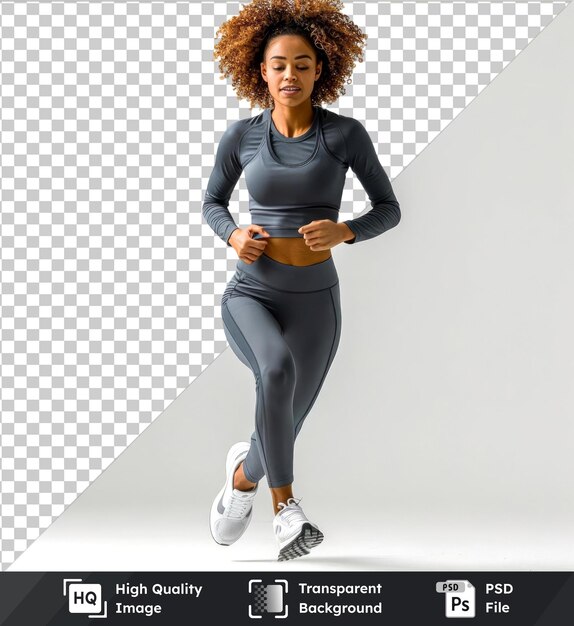 PSD premium di mockup con atleta femminile che corre con le gambe nere e grigie i capelli ricci e il viso sorridente con