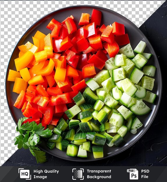 PSD premium mockup of a plate of raw cut vegetables top view