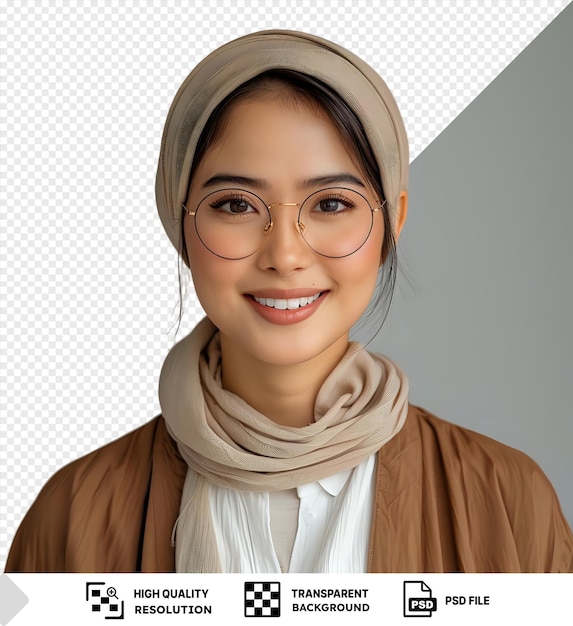 Premium of mockup of a smiling student with glasses wearing a white shirt and brown scarf standing in front of a white wall the students features include brown eyes a nose png