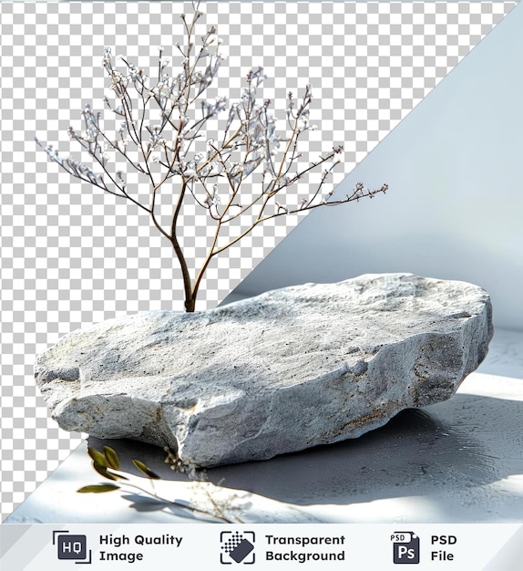 PSD premium mockup of a stone slab with a small tree in the center surrounded by gray rock white wall