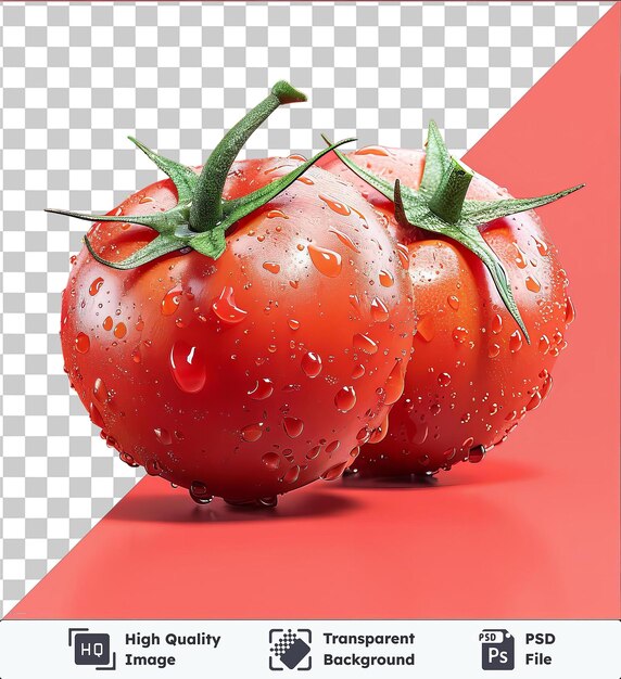 PSD premium monaka-tomaten met waterdruppels op rode achtergrond vergezeld van een groen blad en stengel en een donkere schaduw