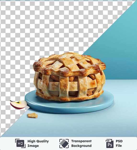 PSD premium mouthwatering apple pie served on a blue plate placed on a blue table against a blue wall