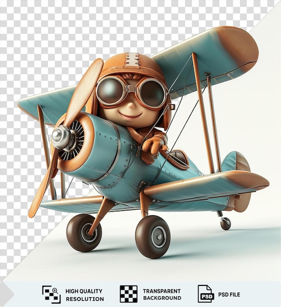 PSD Премиум 3d-карикатурный пилот, летящий на винтажном биплане с черными колесами и синим крылом с коричневым лицом и носом