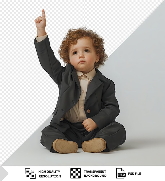 PSD premium of a humble toddler woman with curly hair from the scandinavian ethnicity dressed in retail salesperson attire poses in a seated with one hand raised style wearing a white shirt black pants