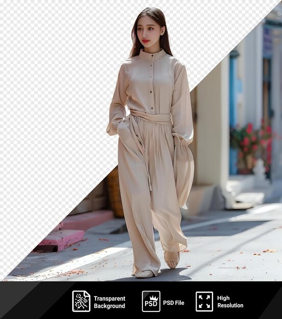 PSD premium of a young pretty woman in beige clothes walking down the street png