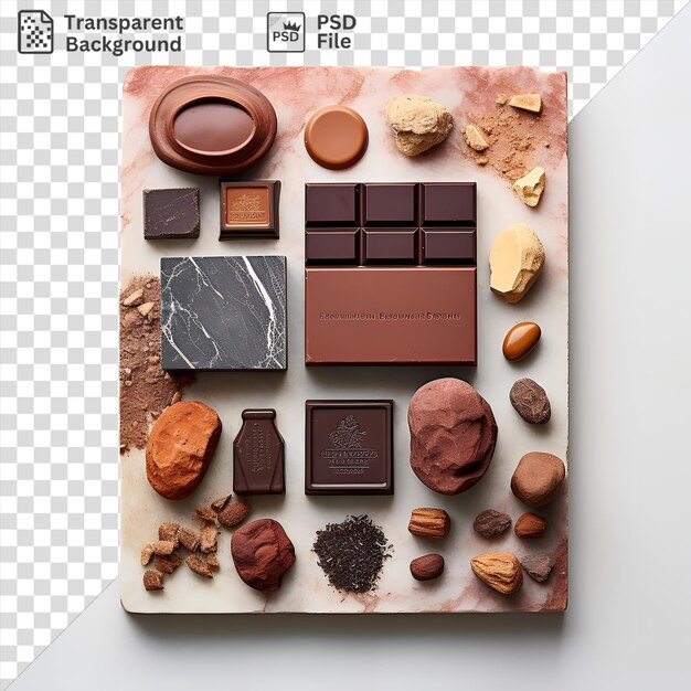Премиум-классный набор из ремесленного шоколада, выставленный на прозрачном фоне, сопровождаемый коричневой монетой