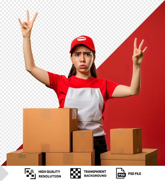 PSD premium of delivery woman employee red cap and blank tshirt uniform holding food boxes looking camera worried making stop sign with hand defense gesture standing in front of red wall png