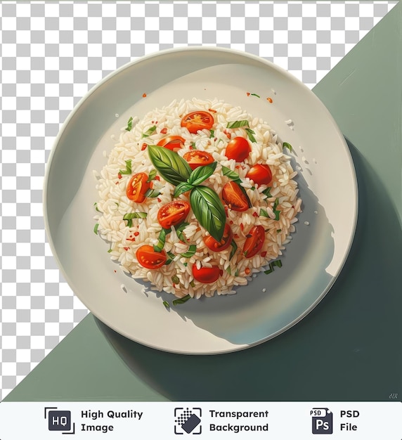 Премиум из ezogelin corbasi39s тарелка риса с помидорами и базиликом, подаваемая на прозрачном фоне с зеленым листом на переднем плане, бросающим темную тень