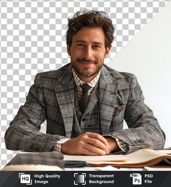 premium of high quality psd funny male tailor on transparent background wearing black tie and silver watch with brown hair and open blue eye
