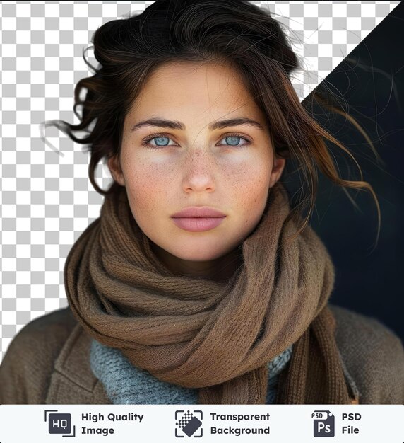 PSD premium of high quality psd portrait of the brunette woman with brown hair blue eyes pink lips and a small nose wearing a brown scarf