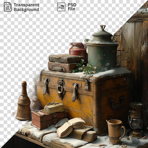 PSD ガラス窓を背景に木製のテーブルに並べられた古いスーツケースと鍋のプレミアム
