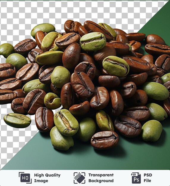 PSD Премия реалистичных фотографий кофейных зерен, расположенных на зеленом столе, сопровождаемых зелеными фруктами.
