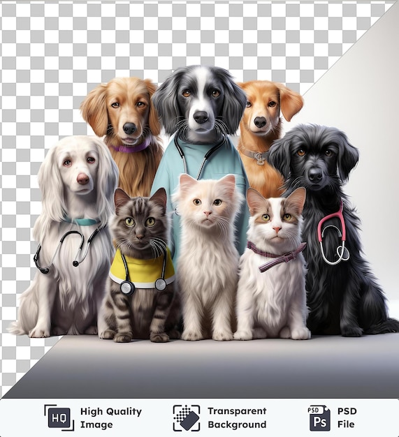 현실적인 사진의 프리미엄 수의사 애완동물 클리닉 검은 개를 포함한 개와 고양이 그룹  고양이 갈색 개  회색 고양이