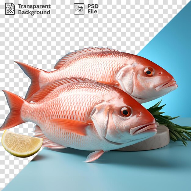 PSD premio di pesce arancione e limone su un tavolo blu con un'ombra blu sullo sfondo