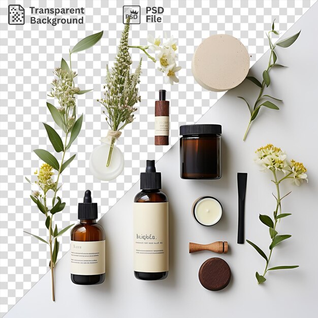 Premium of organic skincare products set against a white wall featuring a brown bottle black and brown bottle white and yellow flower and green leaf