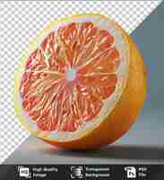 PSD premium passifruit orange cut in half on blue background with a dark shadow in the foreground