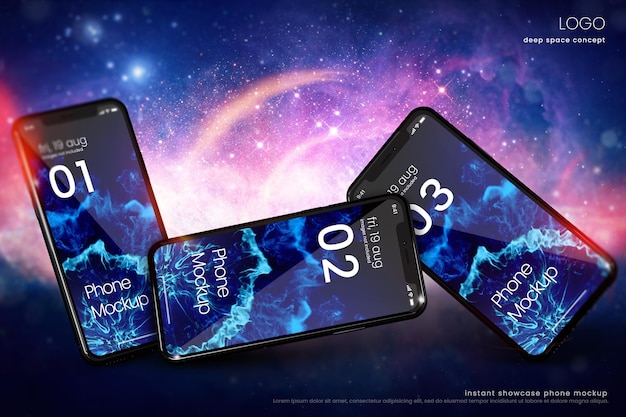 PSD mockup di telefono premium per la visualizzazione di app sullo sfondo della nebulosa spaziale