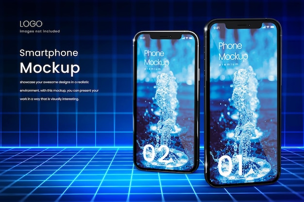 Premium phone mockup on blue neon background