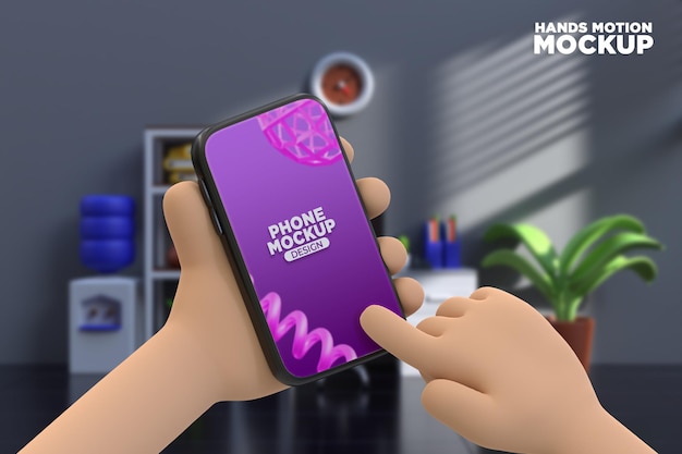 Premium phone mockup business cartoon hand holding smartphone with office background