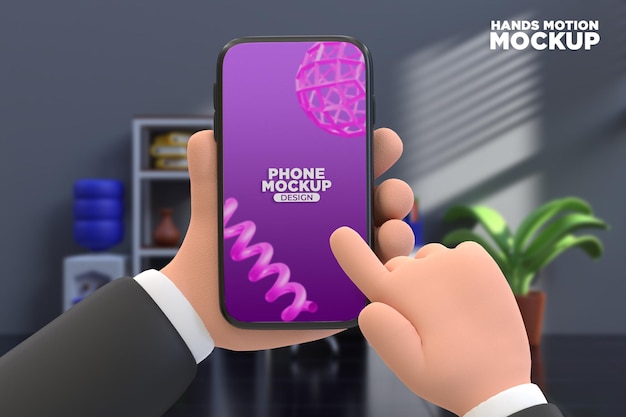 Premium Phone Mockup business cartoon hand holding smartphone with office background