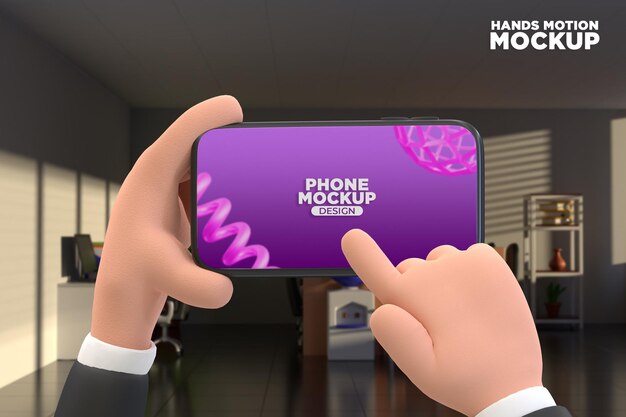 Premium Phone Mockup zakelijke cartoon hand met smartphone met kantoorachtergrond