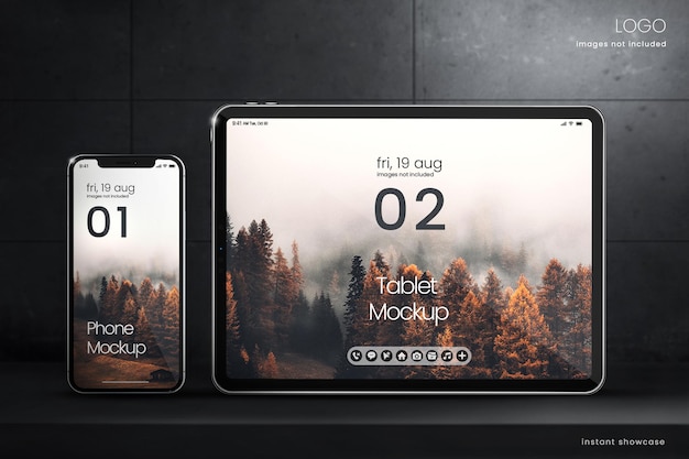 PSD 暗い背景のプレミアム電話画面モックアップとタブレット画面モックアップ