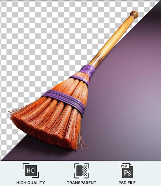 Foto premium di una scopa con un manico viola e una banda viola su uno sfondo viola con un'ombra scura in primo piano