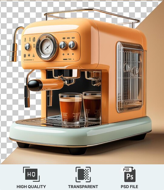 PSD premium photo of a coffee machine with a clear glass on the left a white wall in the background and a black wheel on the right