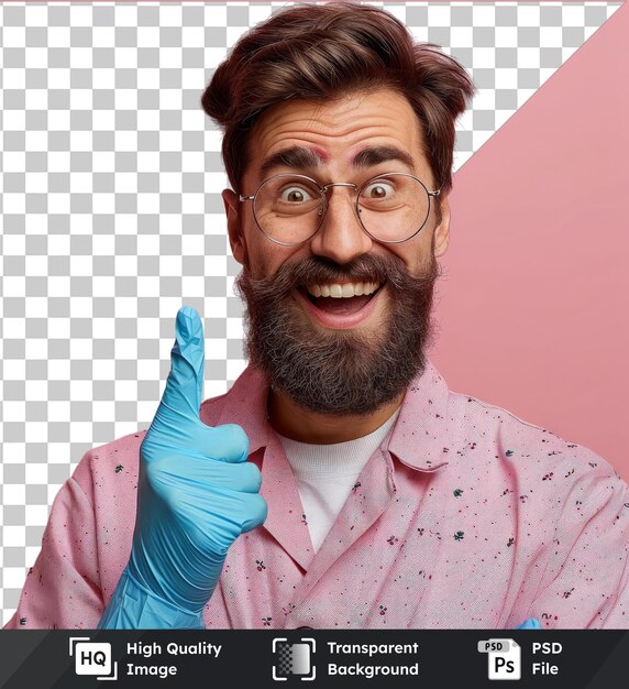 PSD premium photo of excited bearded guy with big blue glove pointing away over dar isolated on pink background