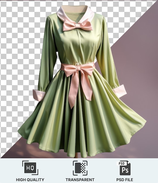 PSD premium photo of a green dress with a pink bow hangs on a metal pole against a green wall casting a shadow