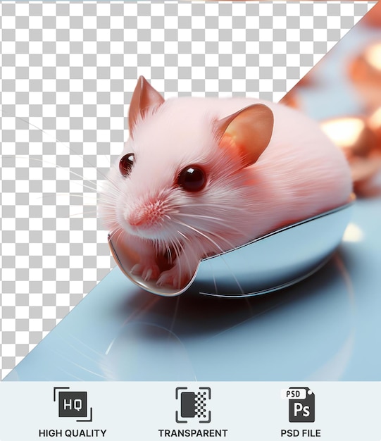 PSD premium photo of a white mouse with a long whisker and brown and black eye sits on a blue table next to a mousetrap with a blurry light in the background