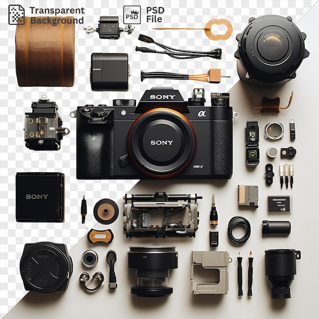 PSD premium of photography equipment set up on a transparent background with a black camera and a black and silver camera accompanied by a black pen