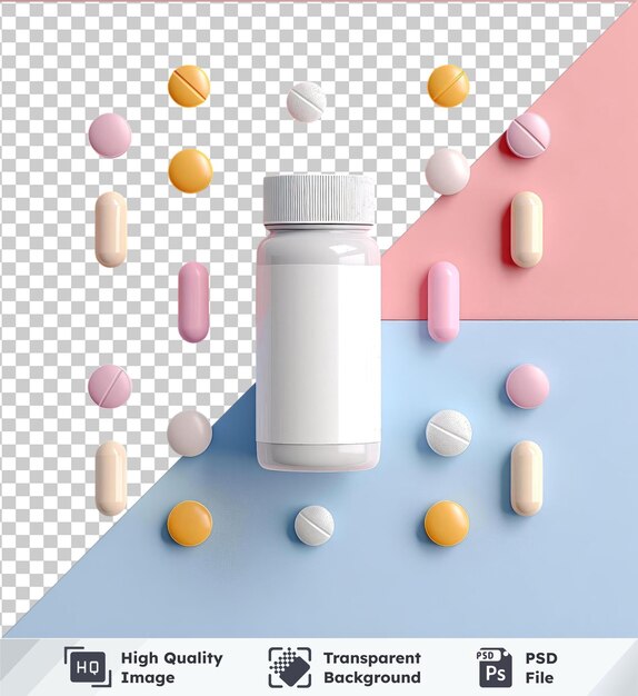 PSD premium pill bottle and medicine capsules a table top view mockup