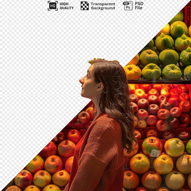 PSD premio di una pistura di una cliente femminile in un negozio di frutta circondato da una varietà di prodotti freschi tra cui mele rosse pere gialle e verdi e una varietà di altre frutta png psd