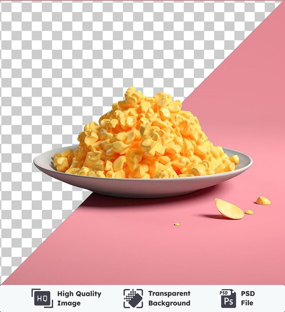 PSD premium of plate of scrambled eggs and macaroni and cheese on a pink background