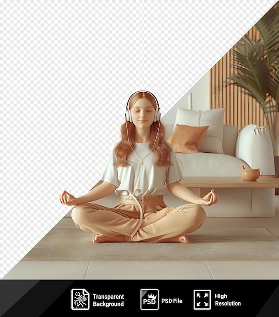 Premium of pleased young girl wearing headphones doing yoga sitting sofa behind coffee table living