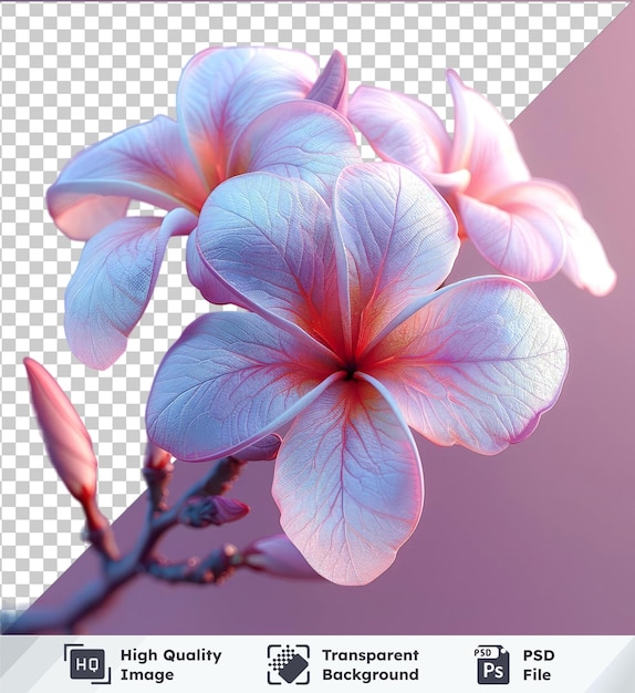 PSD premium plumeria bloem png in close-up tegen een roze hemel met een verscheidenheid aan roze en witte bloemen en bloemblaadjes