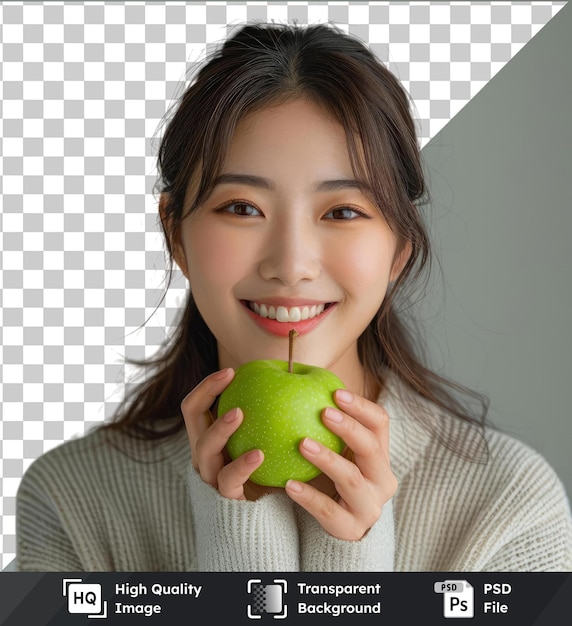 PSD premium portrait of a happy young asian chinese korean japanese woman holding or eating green apple x000d