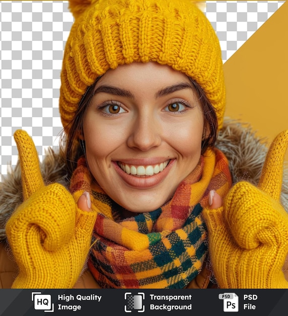 PSD ritratto premium di elegante bella donna sorridente con sciarpa e cappello giallo invernale indica le dita in alto al concetto di pubblicità spazio copia