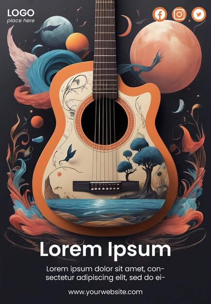 PSD modello di poster premium con illustrazione della chitarra surrealista