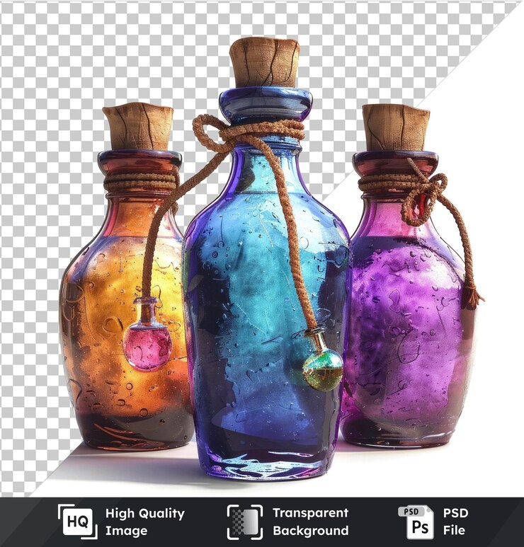 PSD premium of potion bottles isolated on transparent background with blue purple vases brown rope and