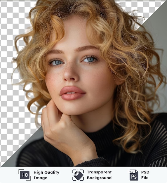 PSD premium pretty young blond woman with curly hair touching her cheek and looking to the left isolated on isolated background