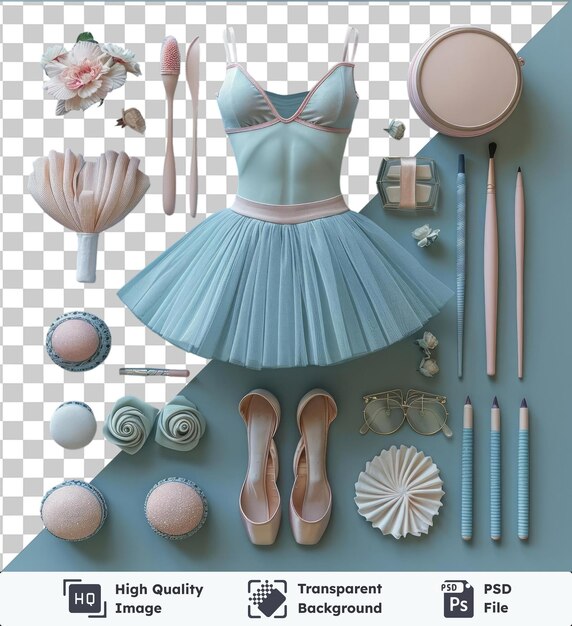 PSD premium professional ballet and dance gear set displayed on a blue wall featuring a blue dress pink and white flowers a white and pink flower a white spoon and a white